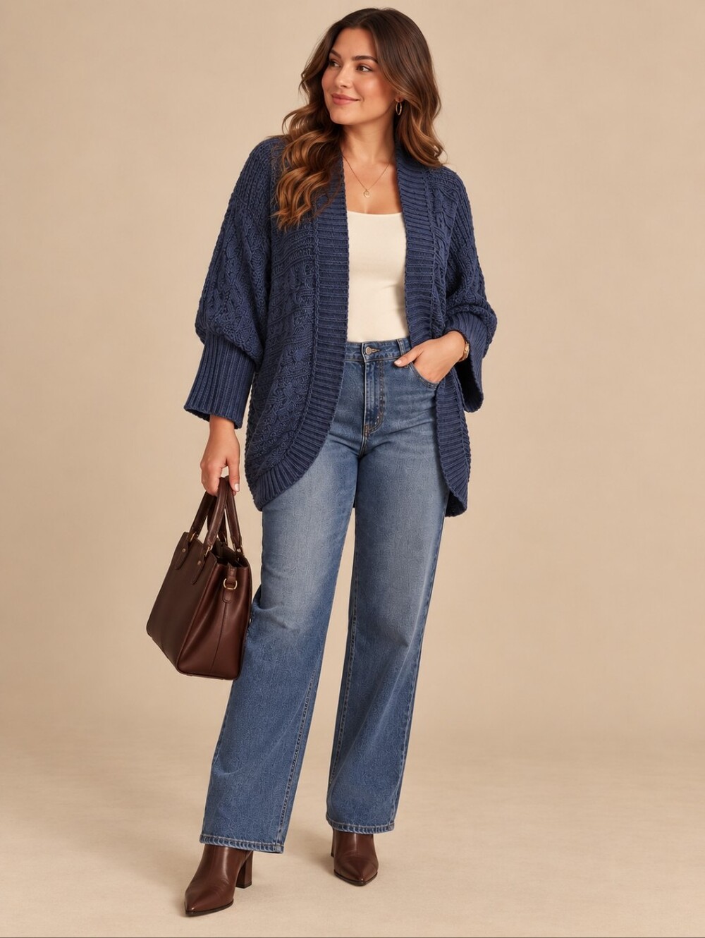 Dark blue Open Front Cable Knit Batwing Sleeve Acrylic Oversized Chunky Cardigan
